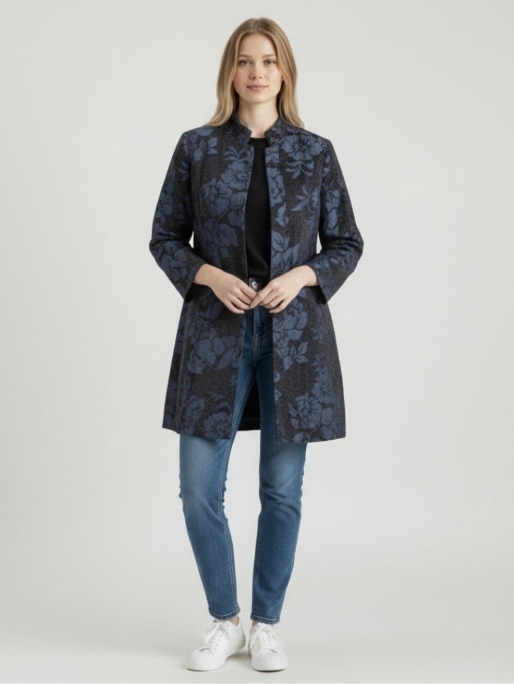 Molly &‎ Maxx Petite Floral Brocade Coat Blue Black textured size XLP